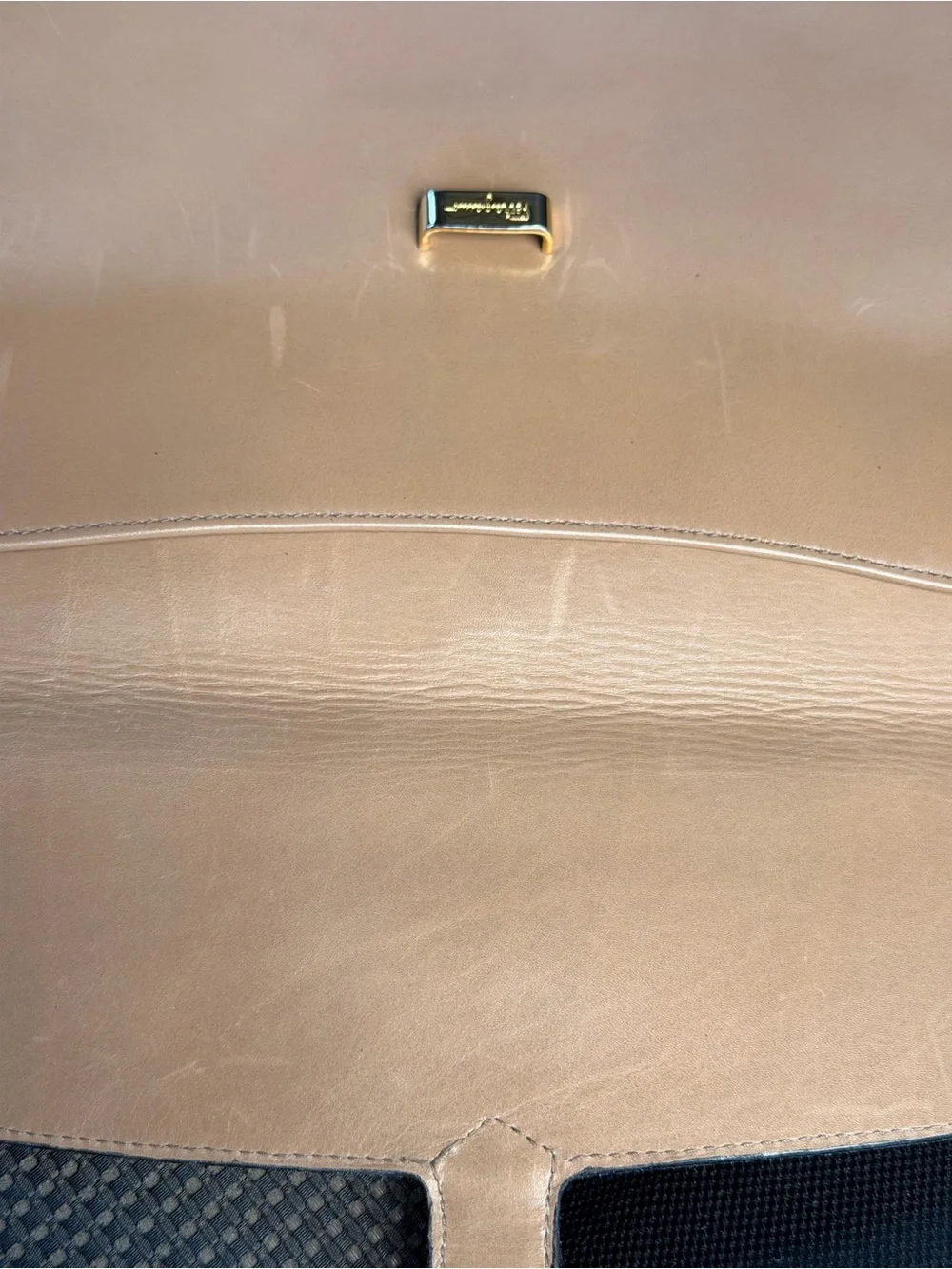 Salvatore Ferragamo Taupe Leather Laptop Bag with Gold-Tone Hardware